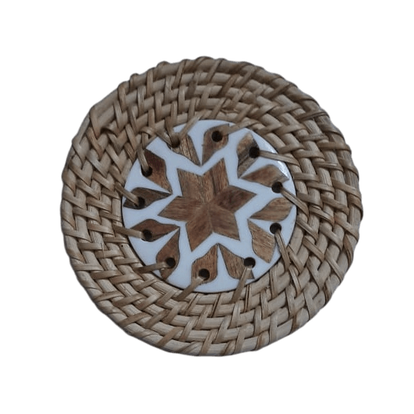 WOOD & RESIN RATAN COASTER ROUND SHAPE (NATURAL)